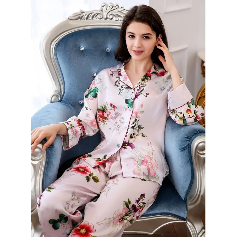 

Kupokasi Pajamas for Women Summer Pyjamas Long-sleeved Trousers Mulberry Silk Sleepwear Two-piece Home Service Pijamas