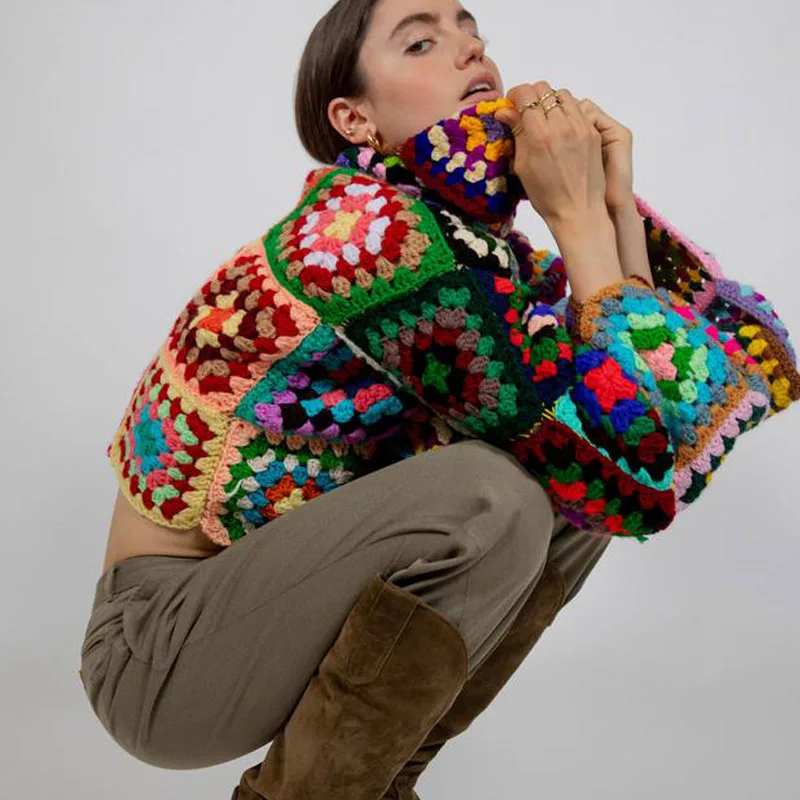 Colorful Turtleneck Crochet Sweater Boho Afghan Coat Granny Square Knitted Sweater Cute Color Checked Pullover Women Clothing