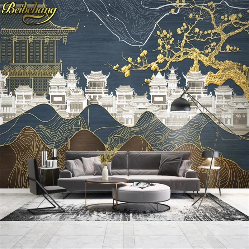 

beibehang custom Golden line wallpaper for living room landscape plum blossom building TV background wall paper home decor mural