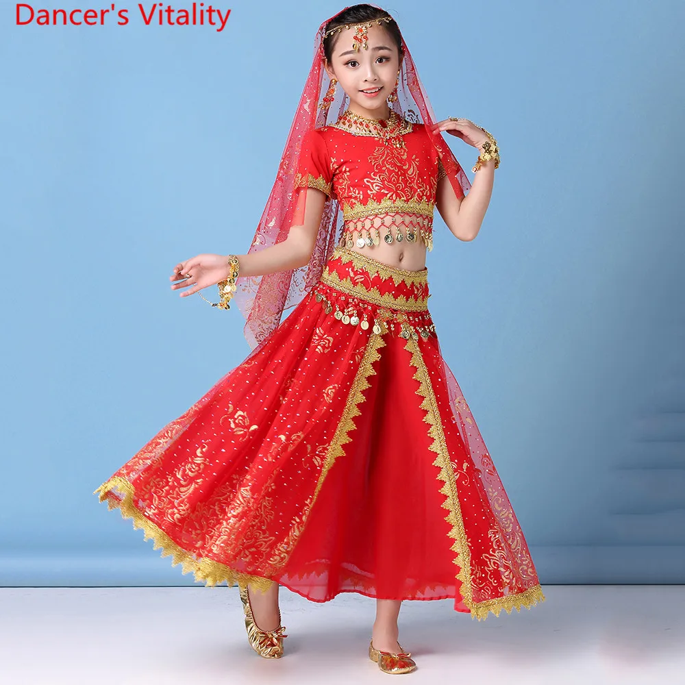 Indian Dance Practice Clothes New Kids Girls Elegant Chiffon Top Big Hem Skirt Coin Belt Set Sari Belly Dancers Training Outfits