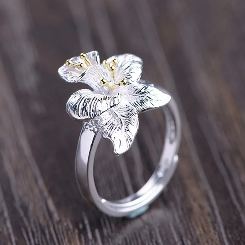 

BOCAI New real S925 pure silver gold-plated literary female finger ring fashionable and fresh flower opening woman ring