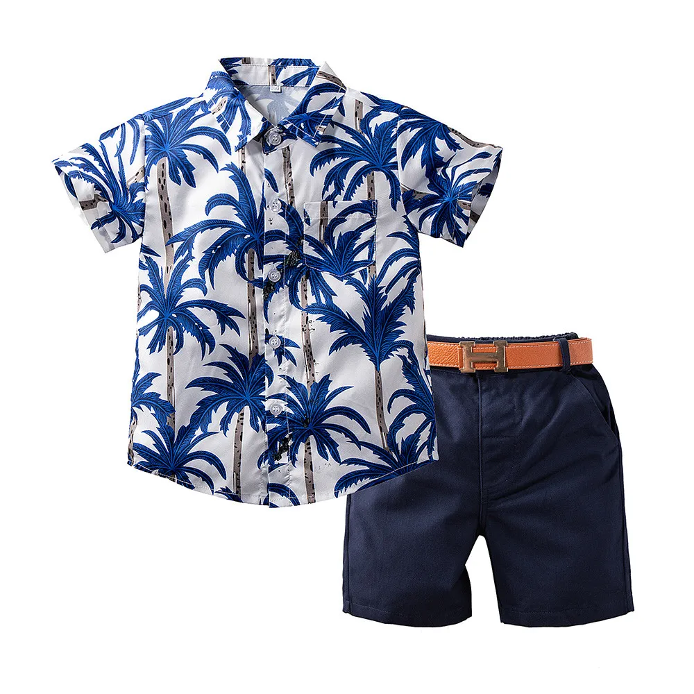 3PCS Baby Kid Boys Outfits Set Printed Short Sleeve Blouse Solid Shorts Belt Fashion Hawaiian Style Clothes Set 2-6Years