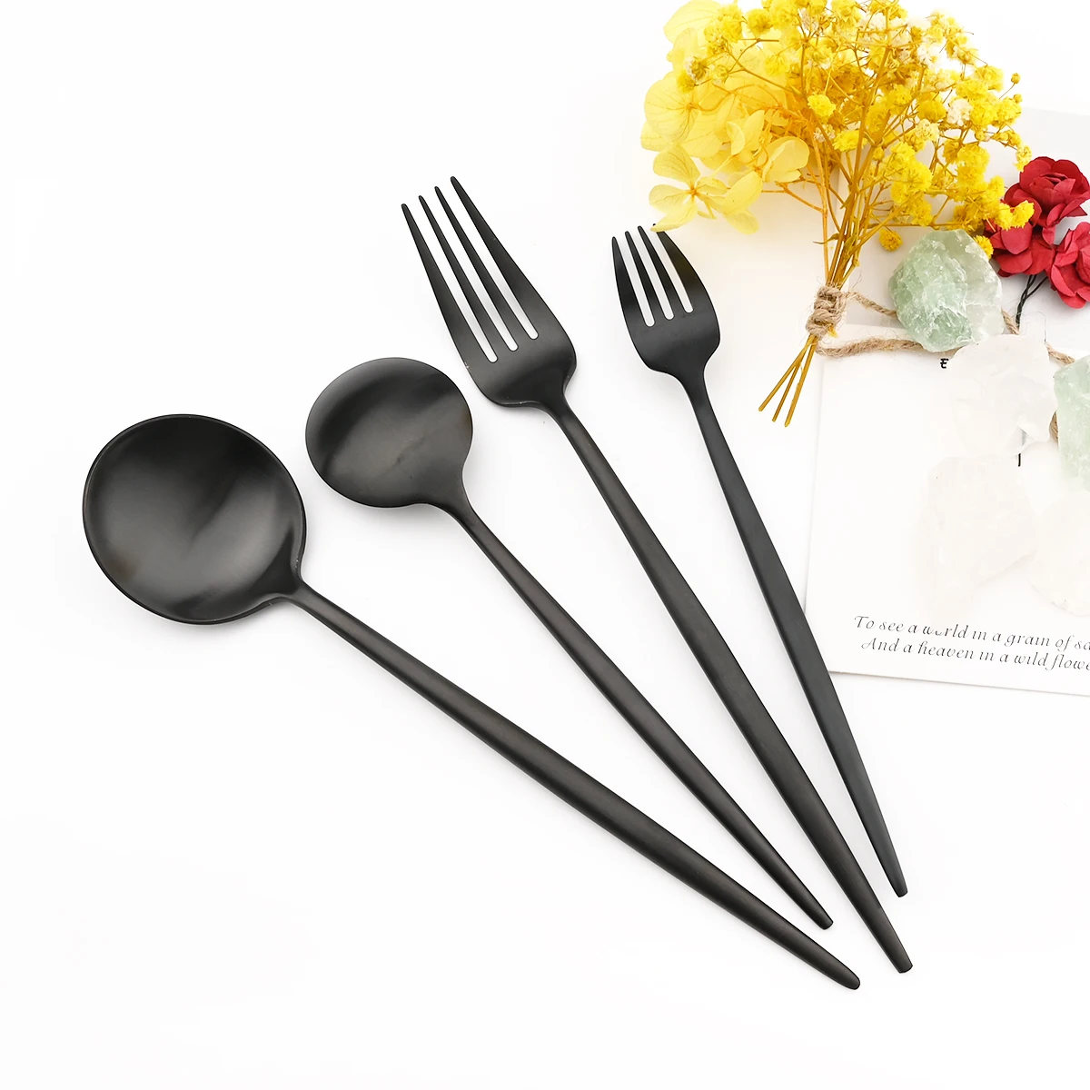 Vintage Matte Black Cutlery Set 18/10 Stainless Steel Dinnerware Knife Dessert Fork Coffee Spoon Tableware Set Kitchen Flatware