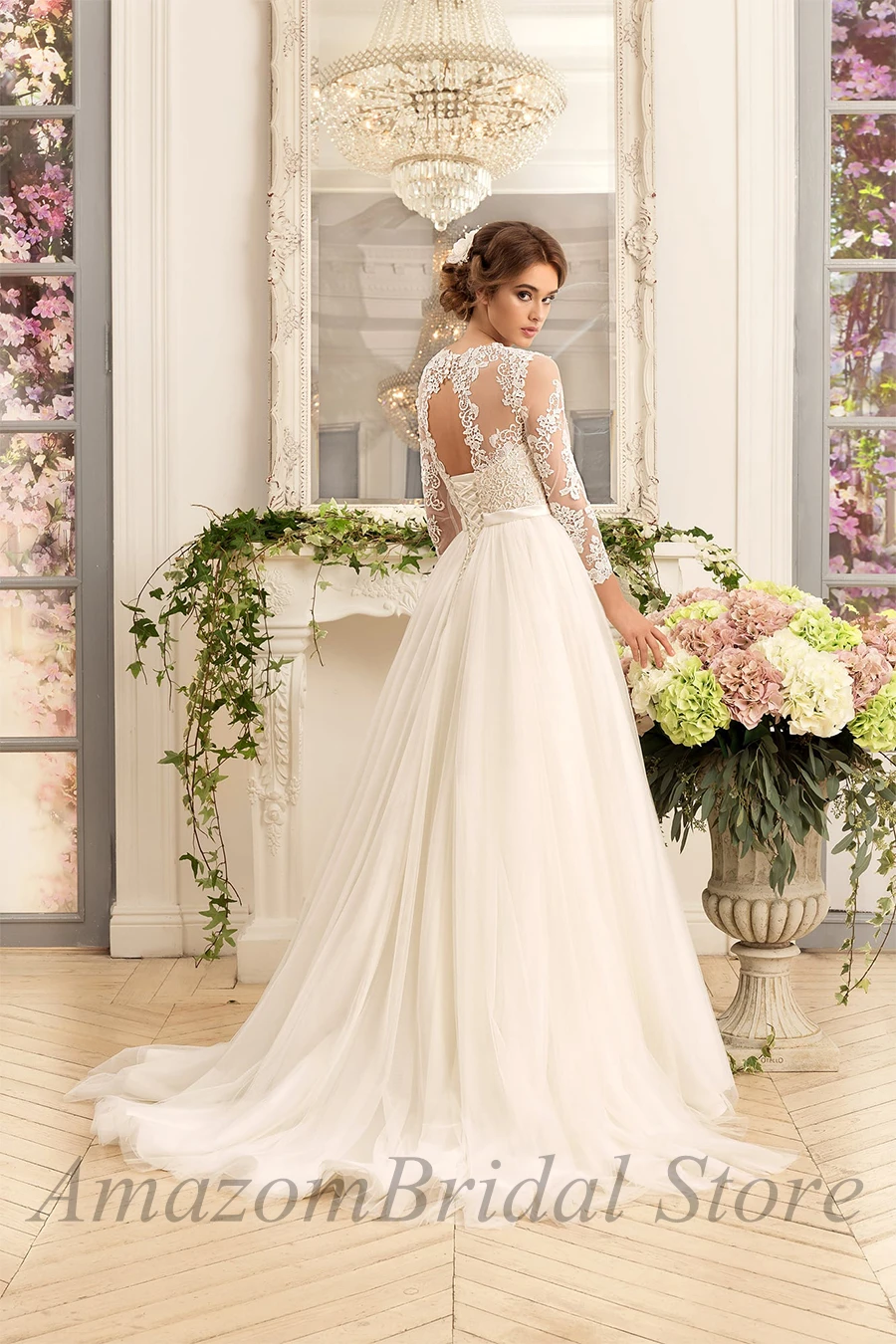 A-line Elegant Long Sleeve Wedding Dresses High Neck Lace Tulle Floor Length Bridal Gown Applique Wedding Dress for Women