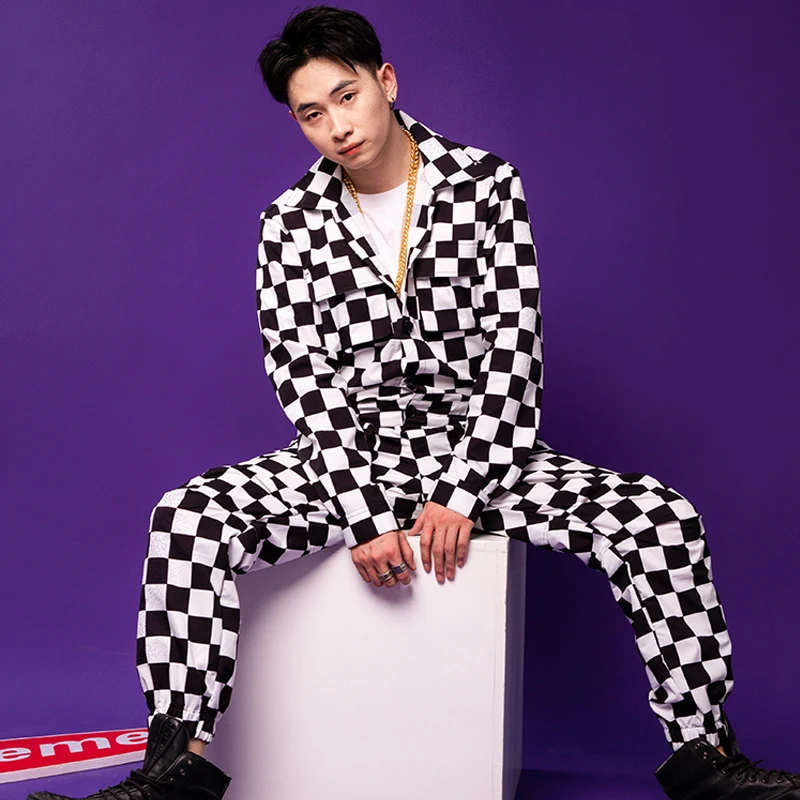 

Nightclub DJ Hit-Hop Black And White Style Coveralls Men'S Sports Big-Name Style Tooling Stage Show Popular Suit DT3034