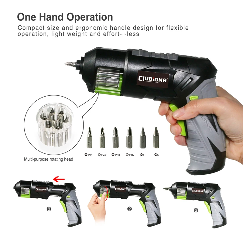 CLUBIONA 3.7V Cordless Electric Screwdriver with 6 Rotating Quick-Change Heads USB LED Multifunctional Rechargeable Screwdriver