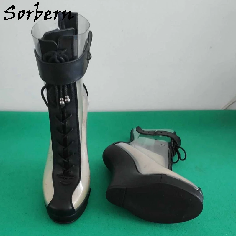 Sorbern stivali in pelle di mucca opaca nera donna stivaletti alti con lacci scarpe con plateau senza tacco punta tonda scarpe Fetish stivaletti