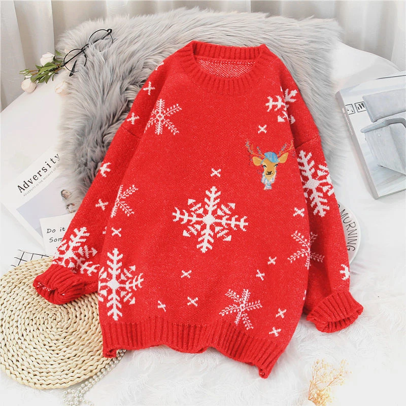 Christmas Heavy Industry Embroidery Sweaters Women 2021 Autumn And Winter New Red Pullover Korean Foreign Style Student Sweater