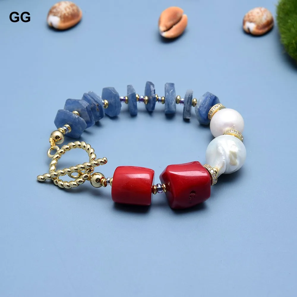 Imagem -05 - Guaiguai Jóias Cultivado Branco Barroco Keshi Pérola Azul Kyanite cz Vermelho Coral Pulseira Artesanal para Senhora Jóias