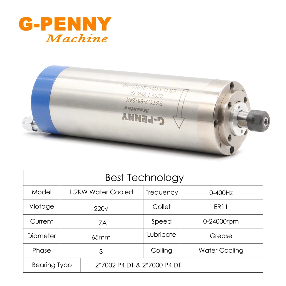 G-PENNY 1.2KW ER11 Water cooled spindle motor D65mm 400Hz Wood/Stone working spindle CNC Machine 4 pcs ball bearings