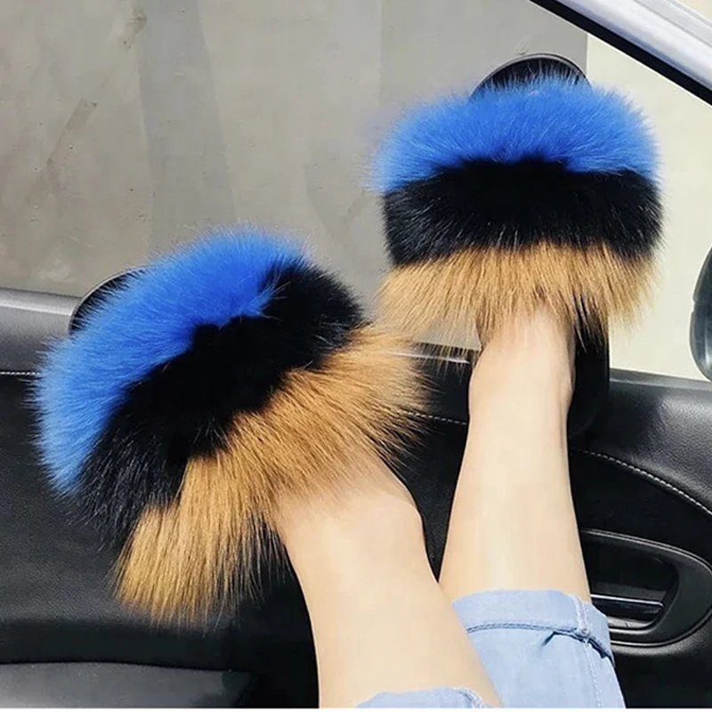 Summer Women's Shoes Fox Fur Slippers Real Hair Flip-Flops Red Sole Slippers Furry Slides For Women Fluffy Slippers Fur Sandals