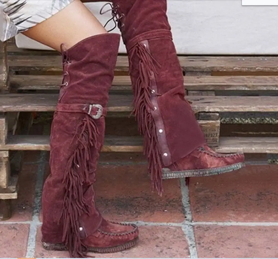 Fashion 2024 Bohemian Boho Over The Knee Boots Ethnic Women Tassel Fringe Faux Suede Leather Booties Girl Flat Long Botas Mujer