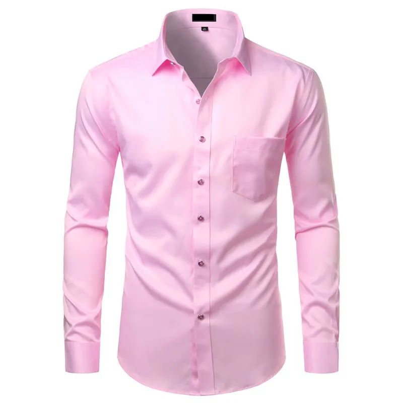 Camisa de fibra de bambú negra para hombre, camisas de vestir informales ajustadas, Color sólido, elásticas, con botones, con bolsillo, 4XL