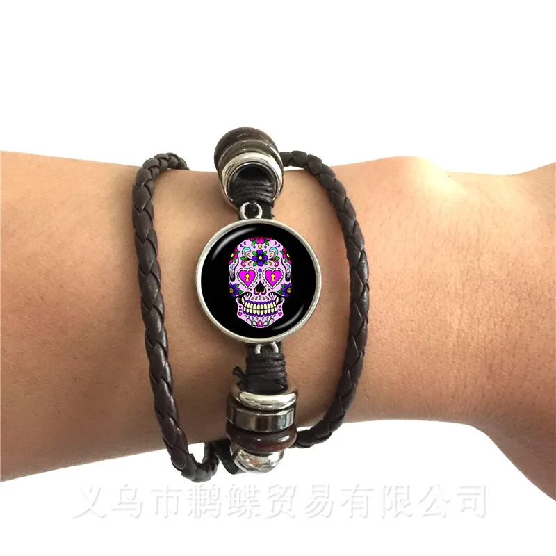 Mexico Candycolor Skeleton Bracelet Glass Dome Bohemia Black/Brown Leather Bangle Personalized Jewelry Day of the Dead Gifts