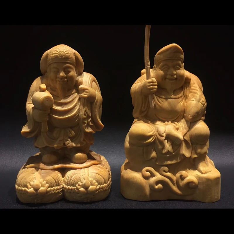 Q4292 - 6 cm High Hand Carved Boxwood Figurine Carving: Daikokuten & Ebisu