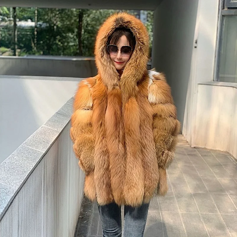 2022 New Luxury Red Silver Fox Fur Hooded Coats Women Winter Warm Outerwear High Quality Genuine Fox Fur   Thick Fur Coat