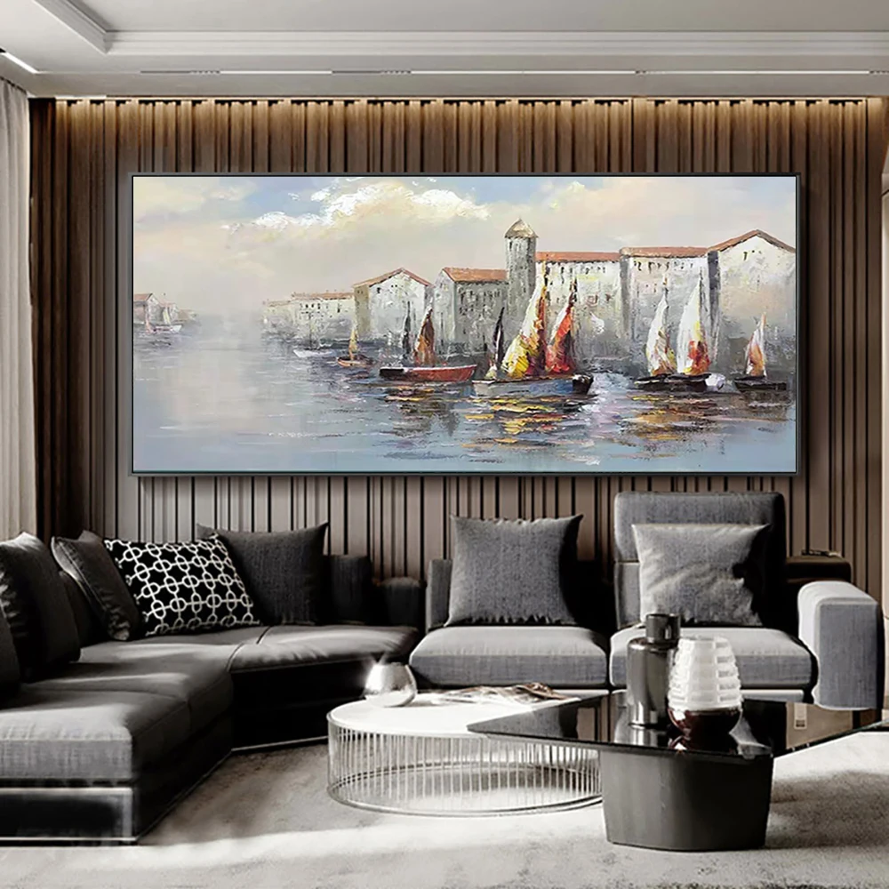 Hand Painted Abstract Venice Landscape Oil Painting On Canvas Wall Art Water Sailboat Painting for Living Room Wall Decor Mural