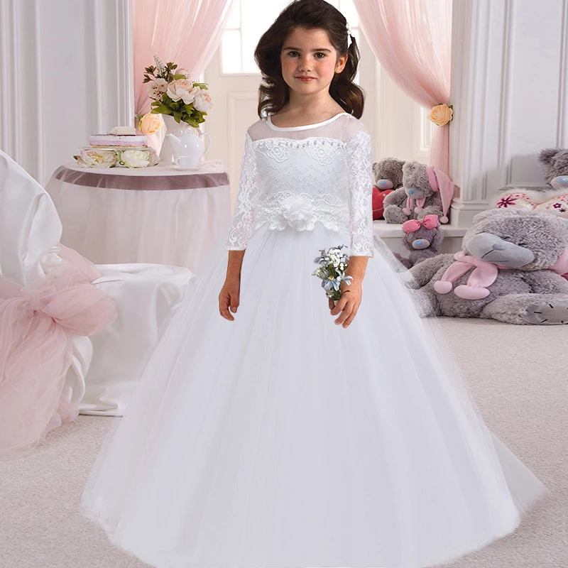 Summer Long Sleeve White Bridesmaid Dress Kids Dresses For Girls Princess Dress Girl Party Wedding Costumes14 10 12 Years