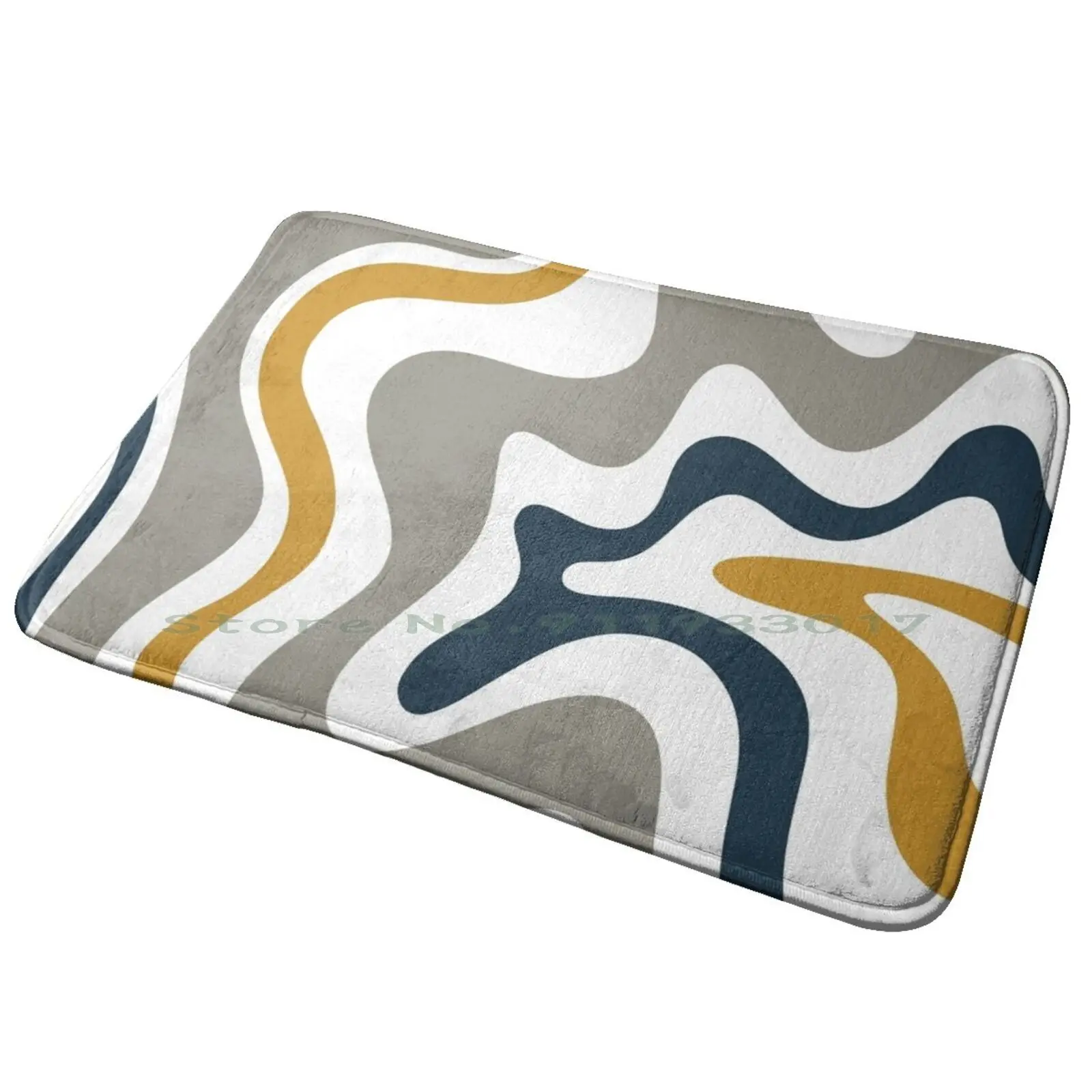 Liquid Swirl Contemporary Abstract In Mustard Yellow , Navy Blue , Grey , And White Entrance Door Mat Bath Mat Rug Abstract