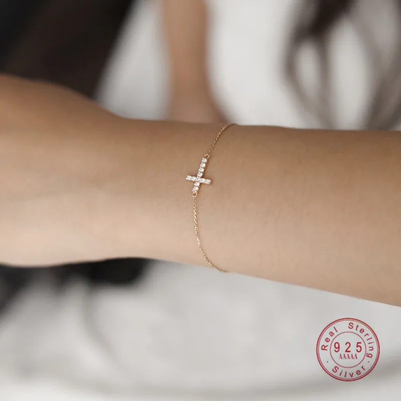 

HI MAN 925 Sterling Silver Pavé Zircon Cross Bracelet Women Plated 14K Gold Lucky Light Luxury Korean Gift Jewelry