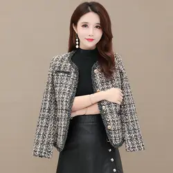 Vintage Tweed Plaid Jacket Women Plus Size 4XL Elegant Slim O-Neck Single Breasted Short Coat Spring Fashion Chic Woolen Outwear