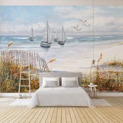 Peinture à l'huile peinte à la main personnalisée, peintures murales de fond de télévision, peintures murales murales de salon, peinture murale 3D, paysage de voilier, mer et mer