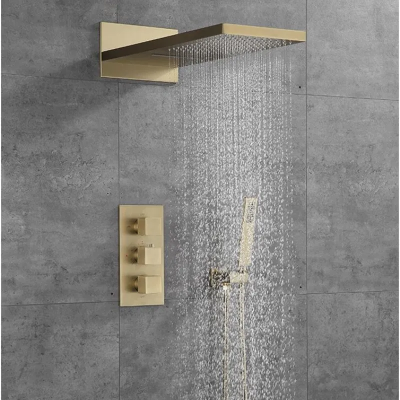 Shower faucet set Brush Gold/back wall mounted thermostatic shower faucet brass in-wall water mixer