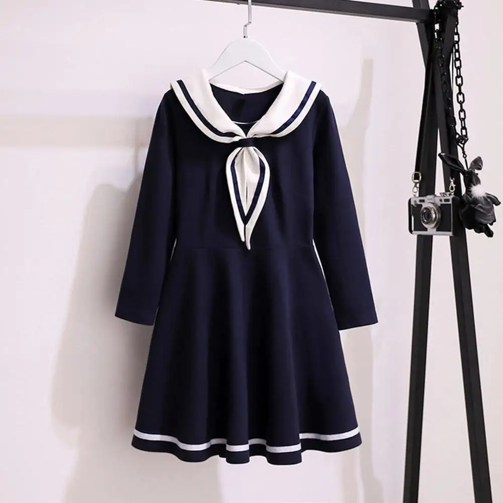 4-14 Years Girls Sailor Collar Dress Kids Toddler Long Sleeve Bow Dresses for Girls Autumn Spring Children Clothing 6 8 10 12 14