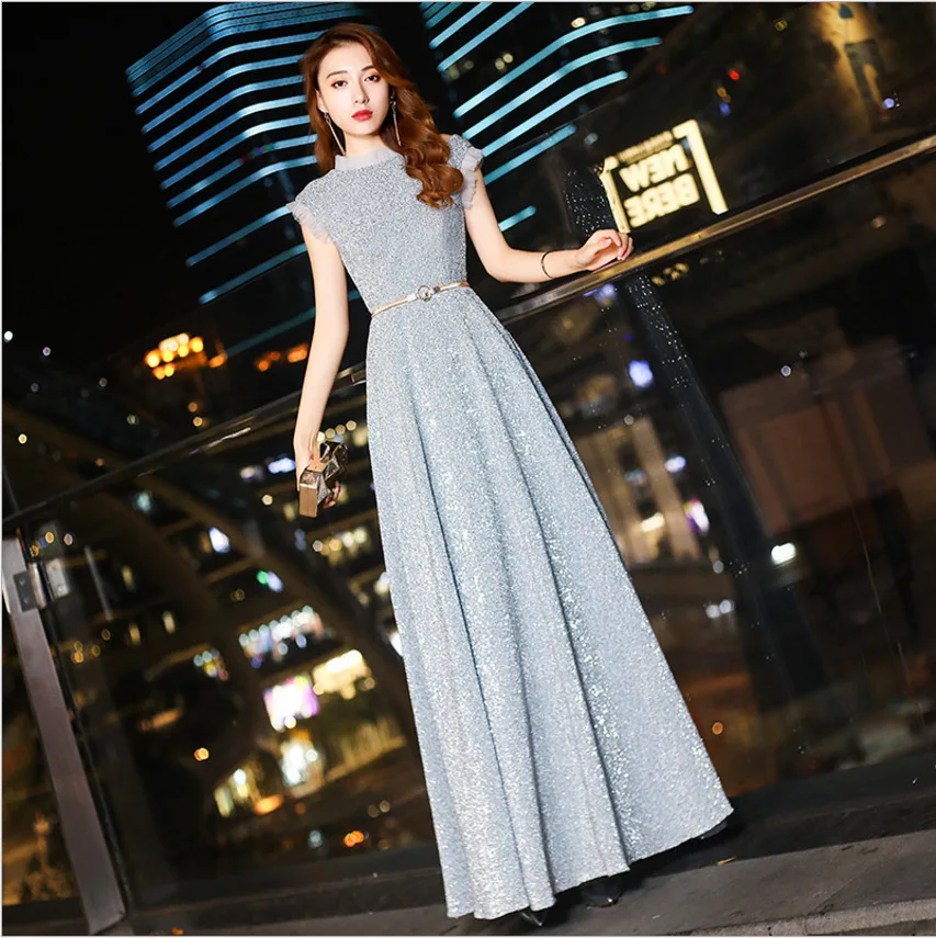 Luxury Sequins Young Lady Pleated Dress Cheongsam Round Neck With Lace Evening Party Gown Sexy Novelty Vestidos Prom Dresses