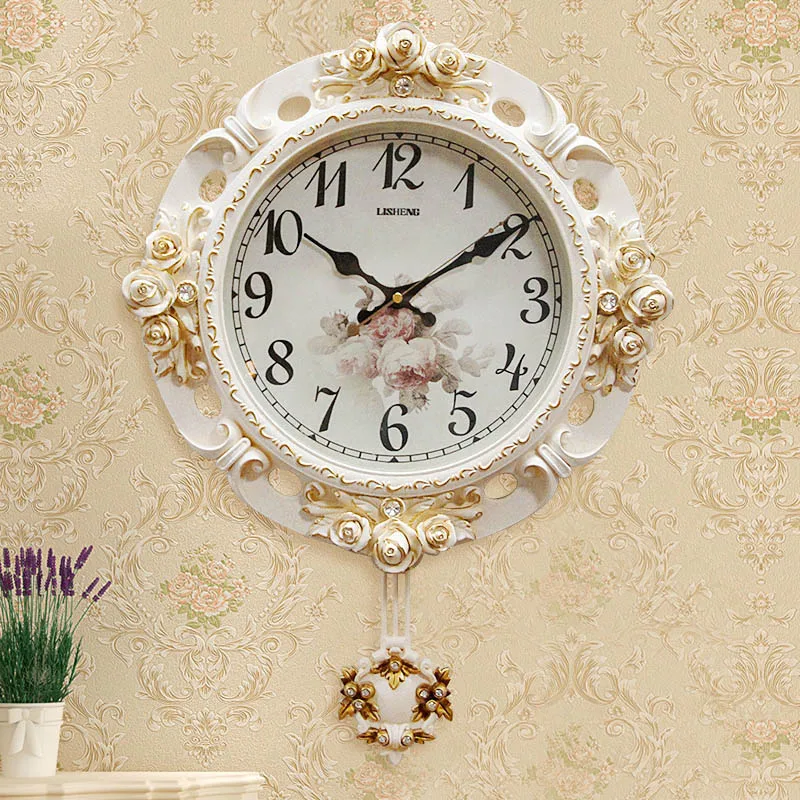 TUDA White European Style Living Room Swing Pointer Mute Wall Clock Bedroom Blue Large Retro Carved Rustic Flower Clock