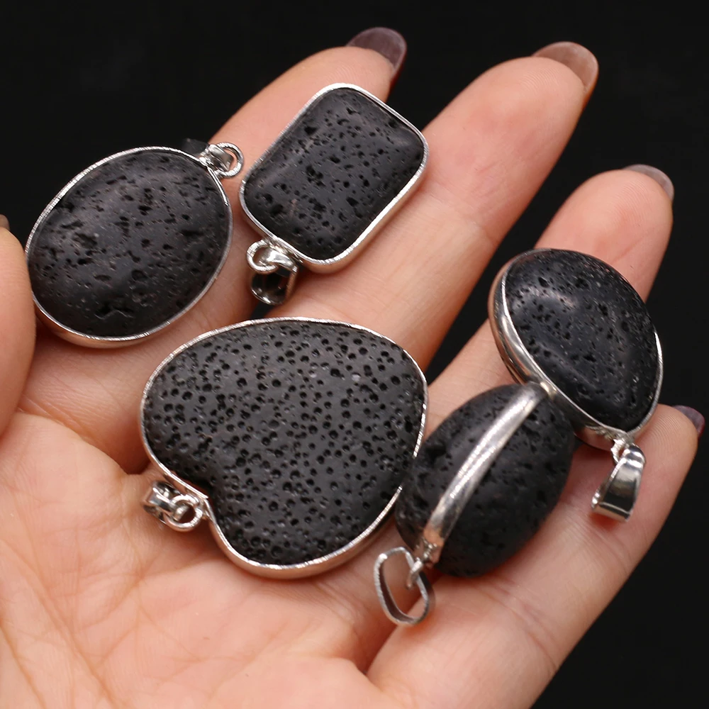 Hot Selling Natural Black Volcanic Lava Charms Heart Elliptical Drop Shape Rock Pendant for DIY Making Necklace Jewelry Findings