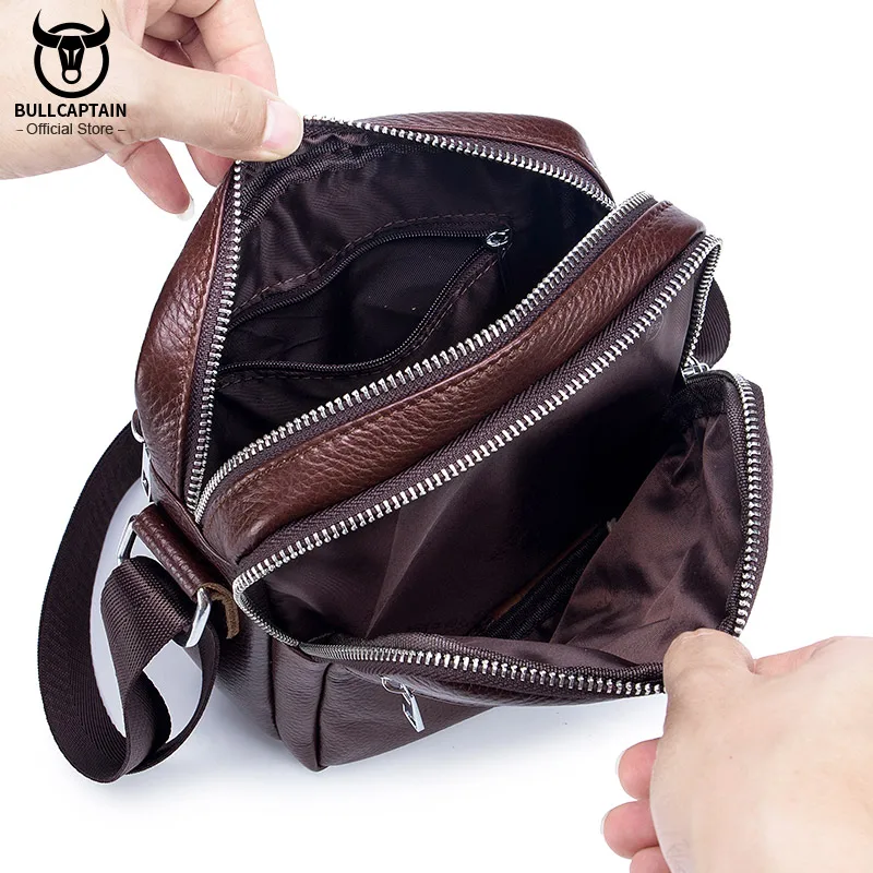 BULLCAPTAIN Casual Men\'s Messenger Shoulder Bag High Quality Smooth Hardware Zipper Pocket Leather Shoulder Bag For Men