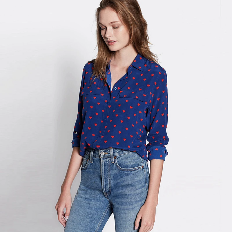 100% Zijden Blouse Vrouwen Shirt Eenvoudig Ontwerp Hoge Kwaliteit Bloemenprint Vintage Lange Mouwen Casual Tops Elegante Stijl Nieuwe Mode