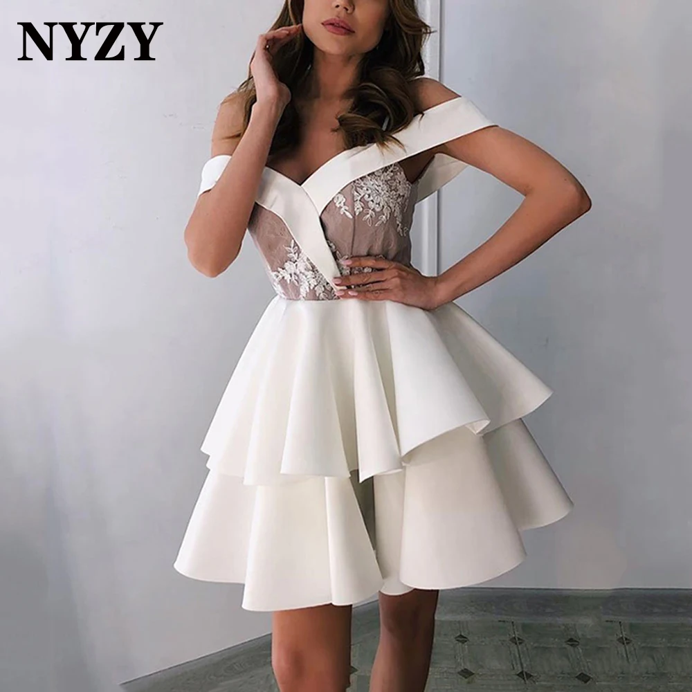 

NYZY Satin Ball Gown White Cocktail Dresses for Wedding Party Evening Prom Graduation Homecoming robe de soiree 2021