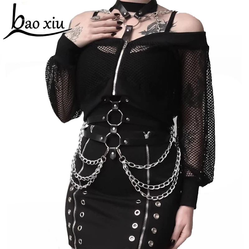 

2020 Woman Leather Harness Tassel Chain Punk PU Leather Bra Belts Sexy Body Bondage Caged Gothic Bra Garters Female Belt Straps
