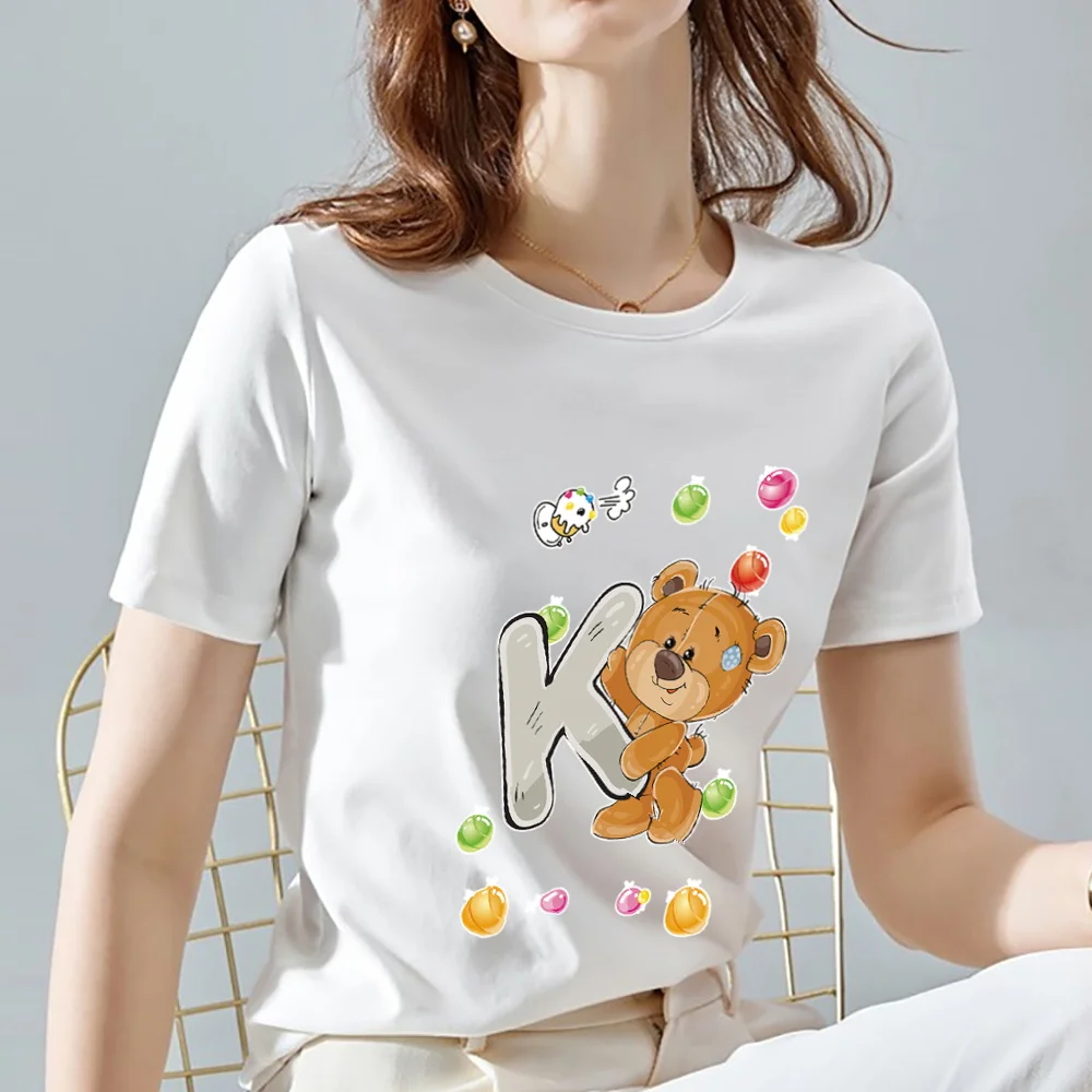 Fashion Women's T-shirt Casual Simple Bear Pattern 26 English J Letter Printing Slim Round Neck Commuter Soft Sweet Wind Blouse