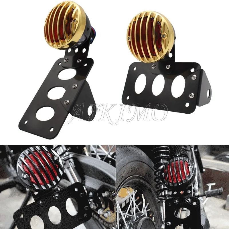 

Gold Motorcycle Side Mount Tail Light w/ License Number Plate Bracket For Harley Sportsters Bobber Chopper Rear Stop Light