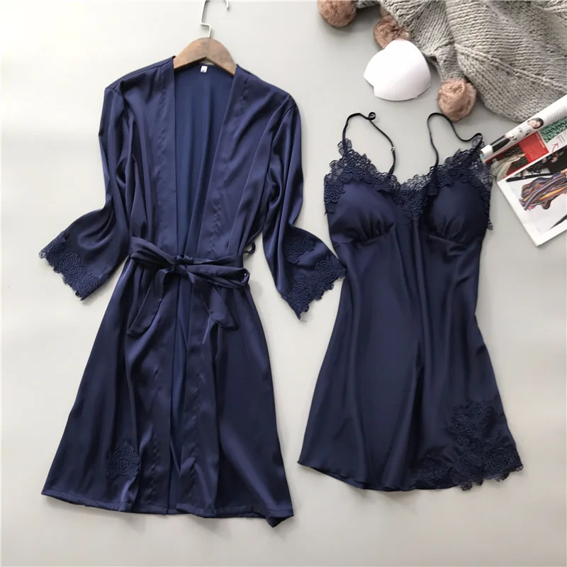 Lisacmvpnel Lace Sexy Women Robe Set V-Neck With Chest Pad Nightdress Cardigan Set Nightwear