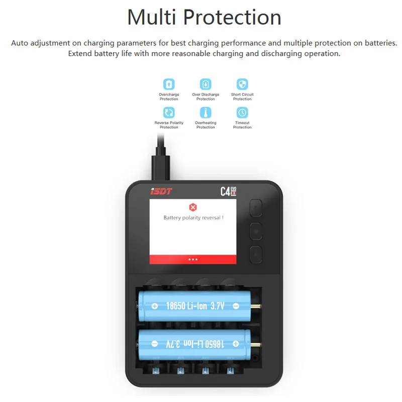 ISDT C4 EVO inteligentna ładowarka do akumulatora z wyjściem QC3.0 typu C do baterii AA AAA li-ion z ekranem IPS i zapobieganiem pożarom