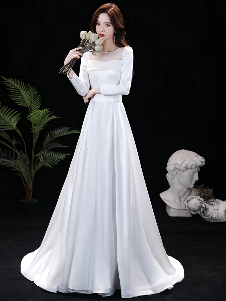 Vestido De Novia Satin Lange Mouwen Jurk Robe De Mariee Trouwjurken Платье Wedding Party Свадебные Платья Bruid Om