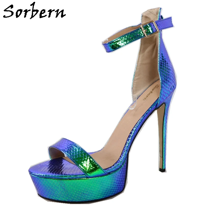 Sorbern Snakeskin Summer 2019 Women Sandals Holographic Heels Women Platform Shoes Custom Colors Sexy Heels Ankle Strap New