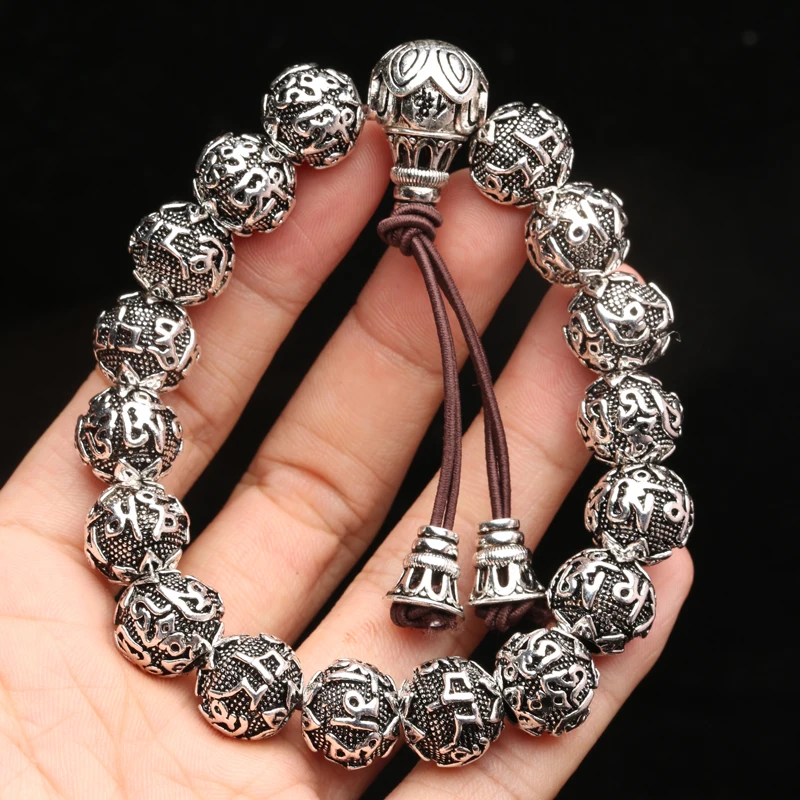 Nepal Vintage Handmade Tibetan Silver Transit Jewelry Six-character Mantra Heart Sutra Bracelet and Bead Bracelet