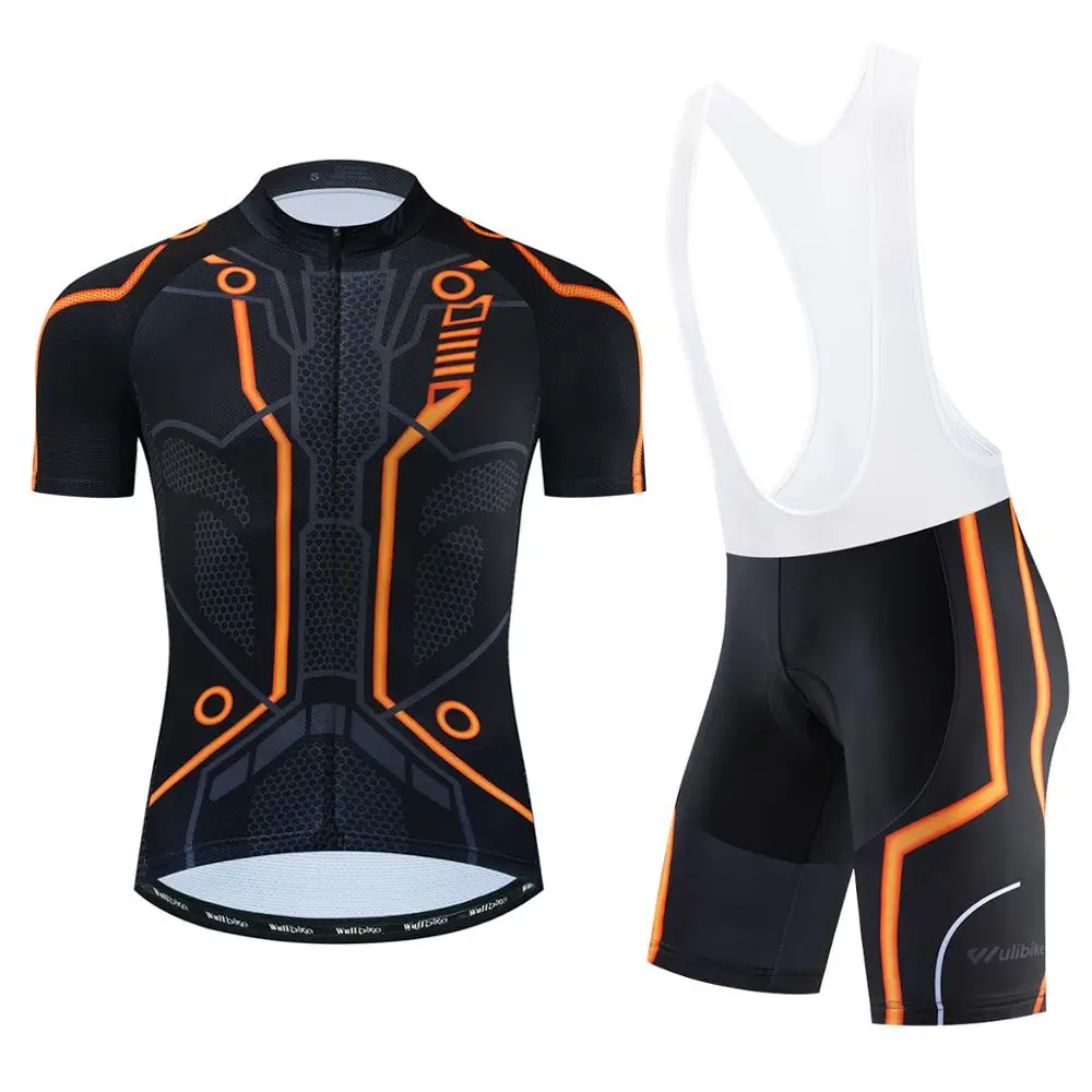 

wulibike tron orange cycling jersey and bib shorts set mens quick drying mtb short sleeve suit for man high-elastic sponge pad