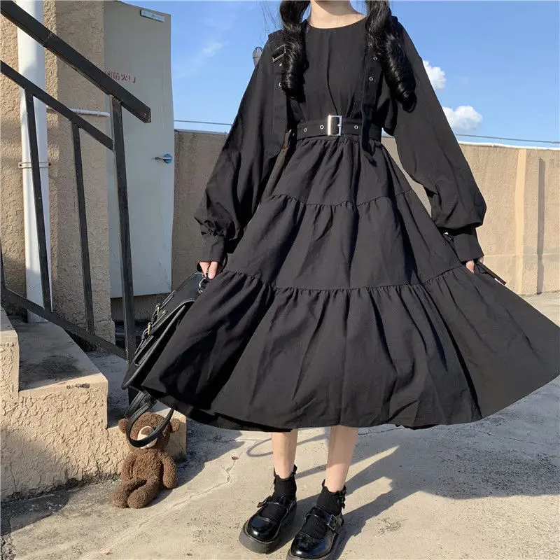 Robe Midi noire Style gothique pour femmes, Harajuku, Lolita Goth Kawaii, Punk, manches longues, surdimensionnée, Emo, 2021