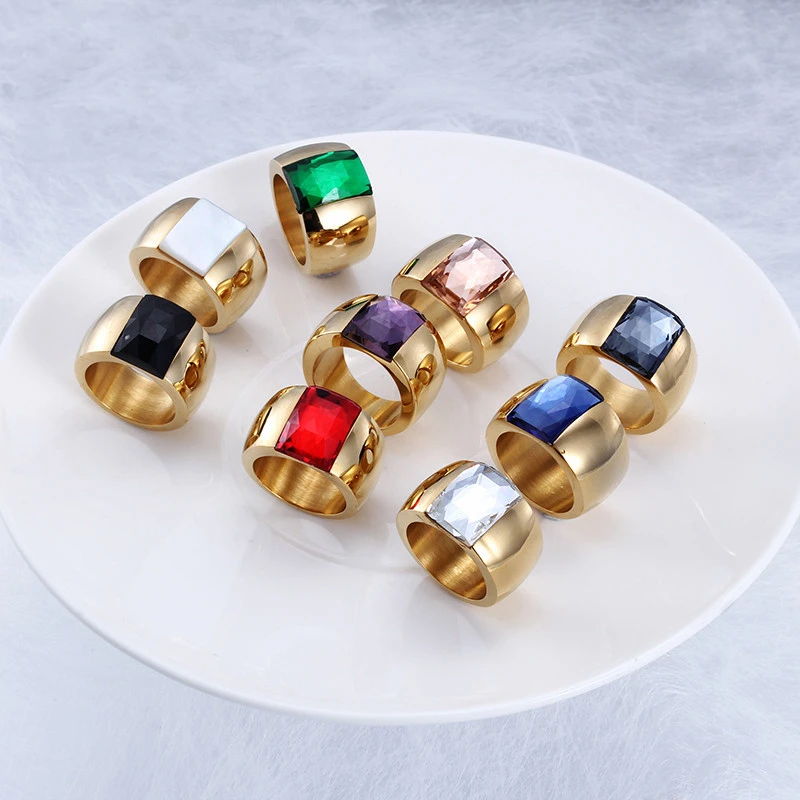 Fashion 18K Gold Color Stainless Steel Rings For Women Sqare Colorful Stone Glass Femme Rings Anillos Mujer Jewelry Gifts