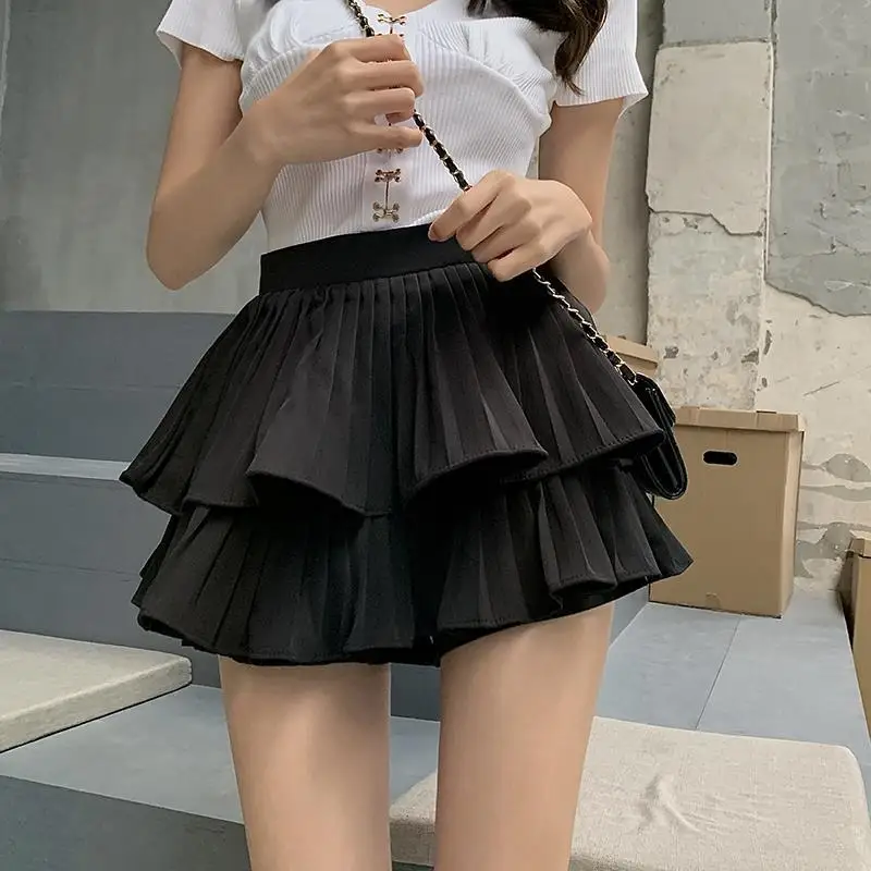 Shorts-skirts Women Folds Double-layer Girls Sweet Solid Color Design Korean Style Maiden Daily Street Sexy Elastic Waist Loose