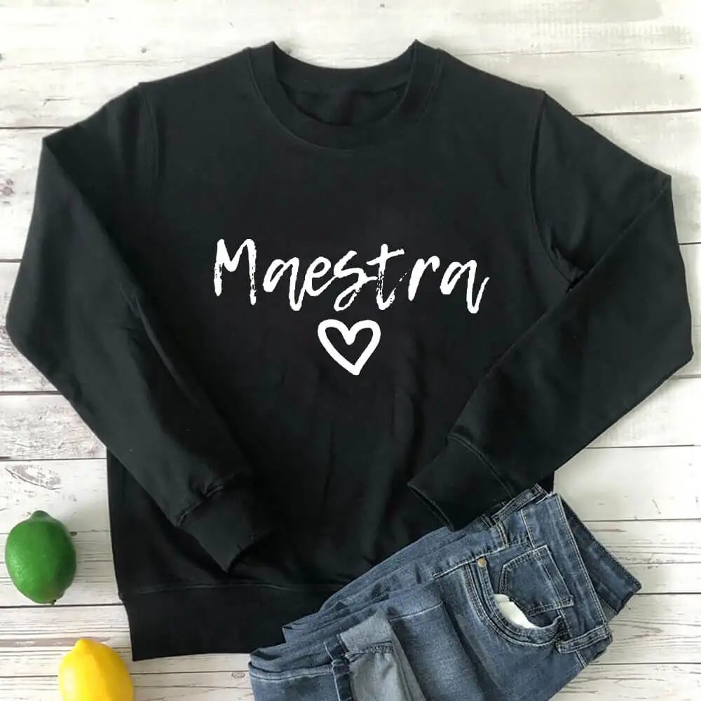 Maestra Heart Print 100%Cotton Spanish Teacher Sweatshirts Women\'s Funny Casual O-Neck Feminist Long Sleeve Tops Teacher Gift