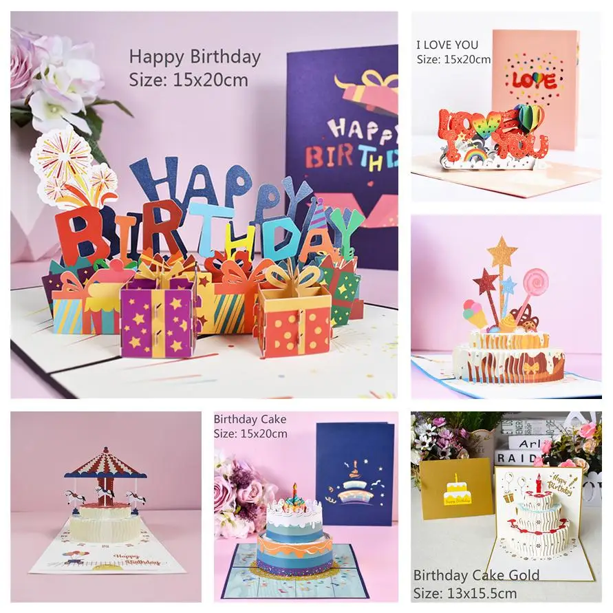 Happy Birthday Card For Boy Girl Kids Husband Wife 3D Birthday Cake Pop-Up Greeting Cards Postcards Festival Gifts With Envelope