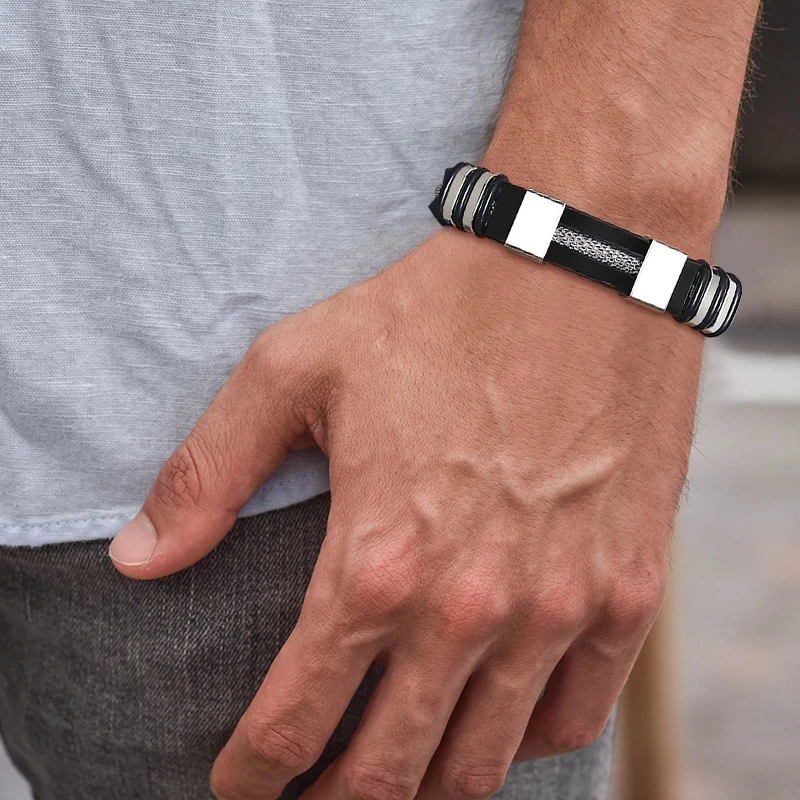 Men Wrist Band Bracelet With Black Grooved Rudder Silicone Mesh Link Insert Punk Wristband stainless Steel Stylish Casual Bangle - Detail 1