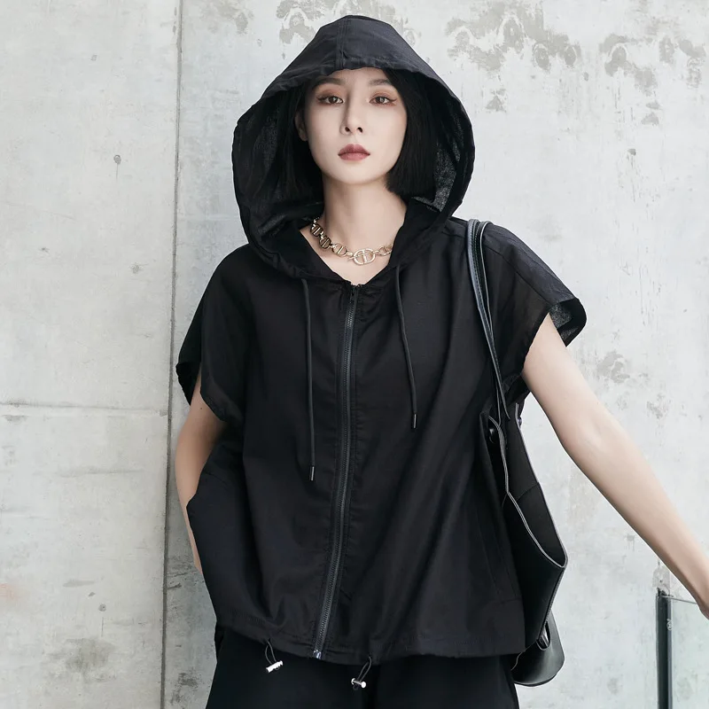 Ladies Short Sleeve T-Shirt Hoodie Summer New Classic Black Personality Fashion Street Trend Loose Large Size Hoodie Half Sleeve